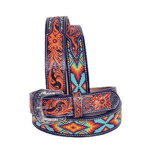 Western Tooled Leather Beaded Belt For Men And Women 30is109-48🐨
